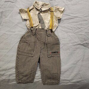 Short Sleeve with Gingham Cargo Pants with Suspenders & Tie